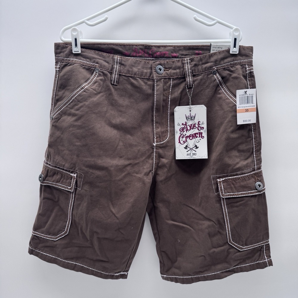 Axe & Crown Beetle Twill Cargo Shorts Mens 33 Brown Contrast Stitch Embroidered